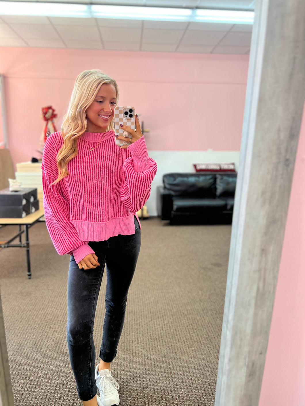 Pink Two Tone Striped Sweater