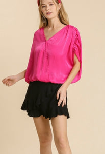 Hot Pink Satin Pleated Plus Size Top